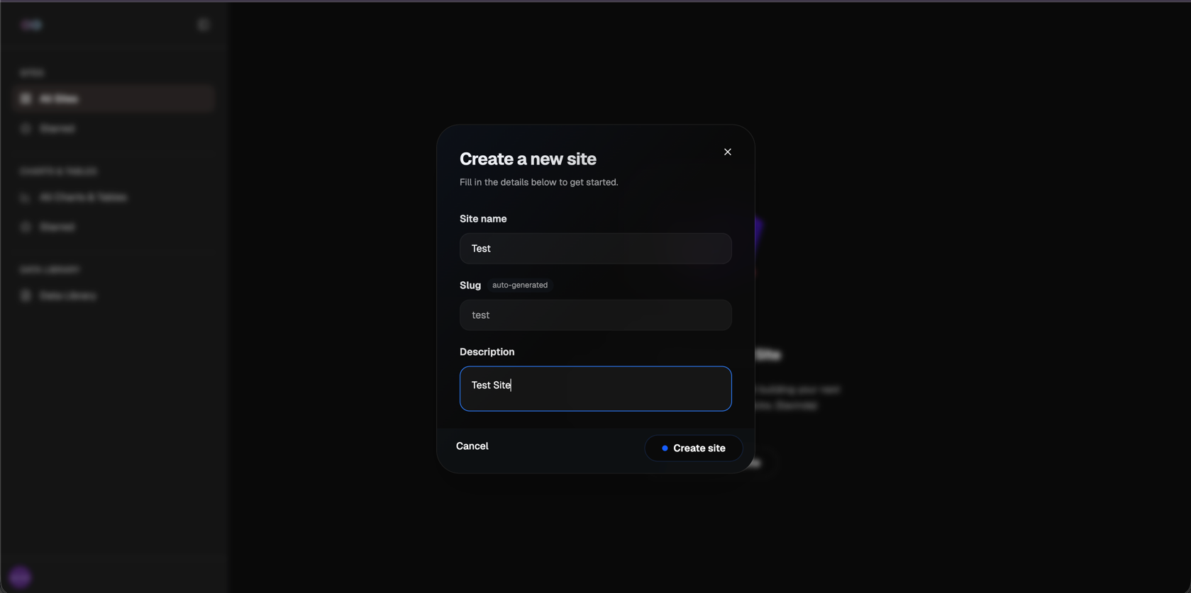 Create a New Site Modal